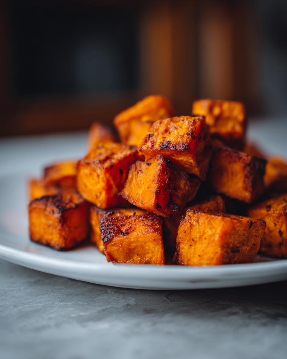 Close-up of perfectly caramelized and roasted sweet potato cubes piled on a white plate.