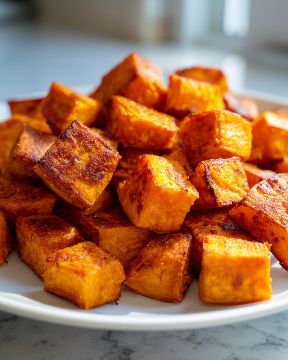 A close-up of golden brown, caramelized roasted sweet potato cubes piled high on a white plate.