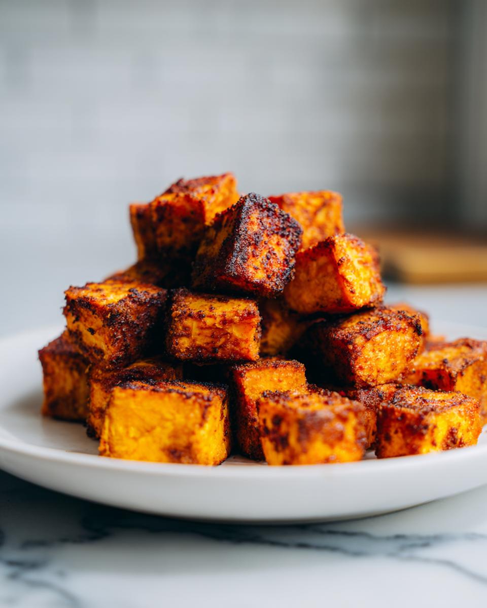A pile of perfectly seasoned and roasted sweet potato cubes with crispy, dark edges on a white plate.