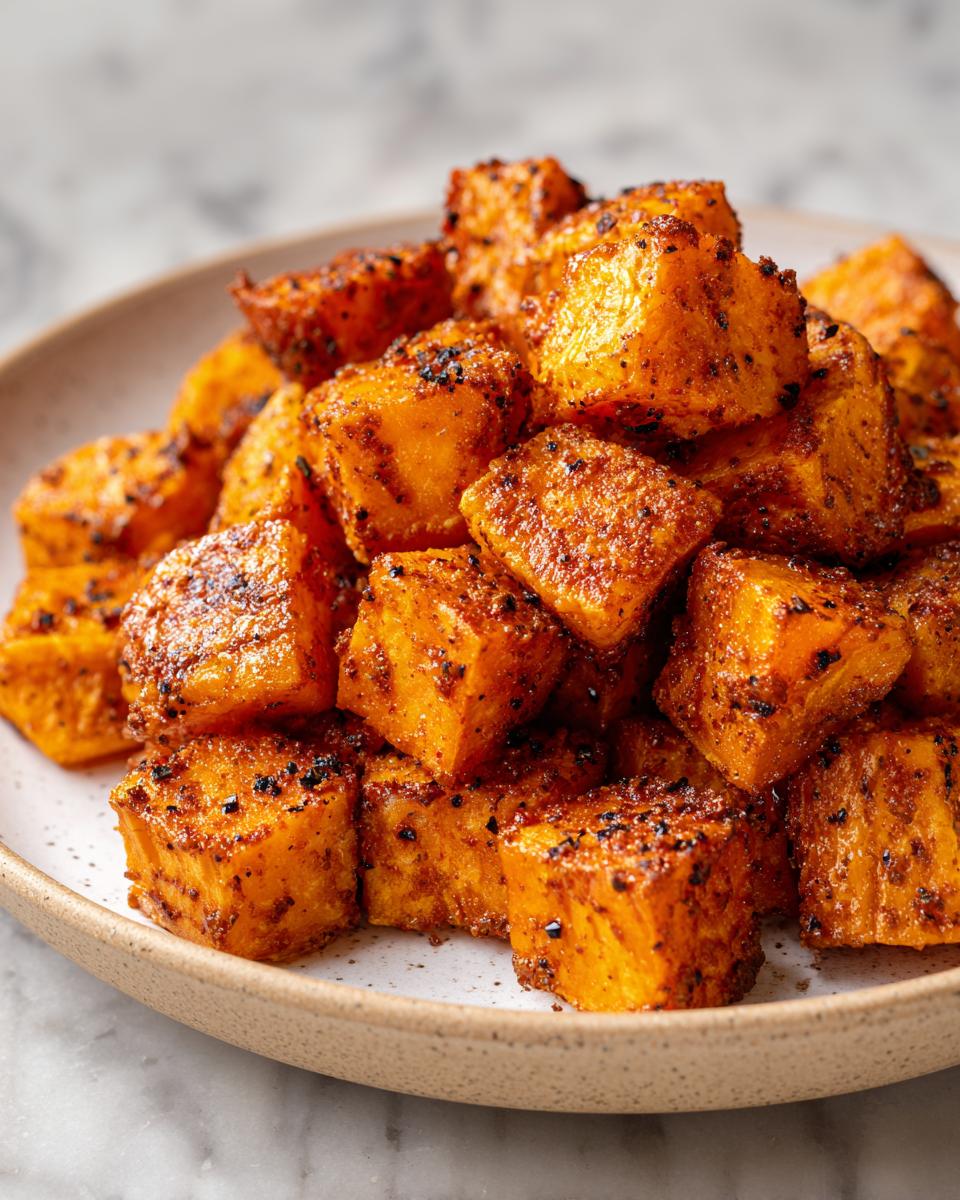 Close-up of a pile of perfectly seasoned and caramelized roasted sweet potato cubes on a light plate.
