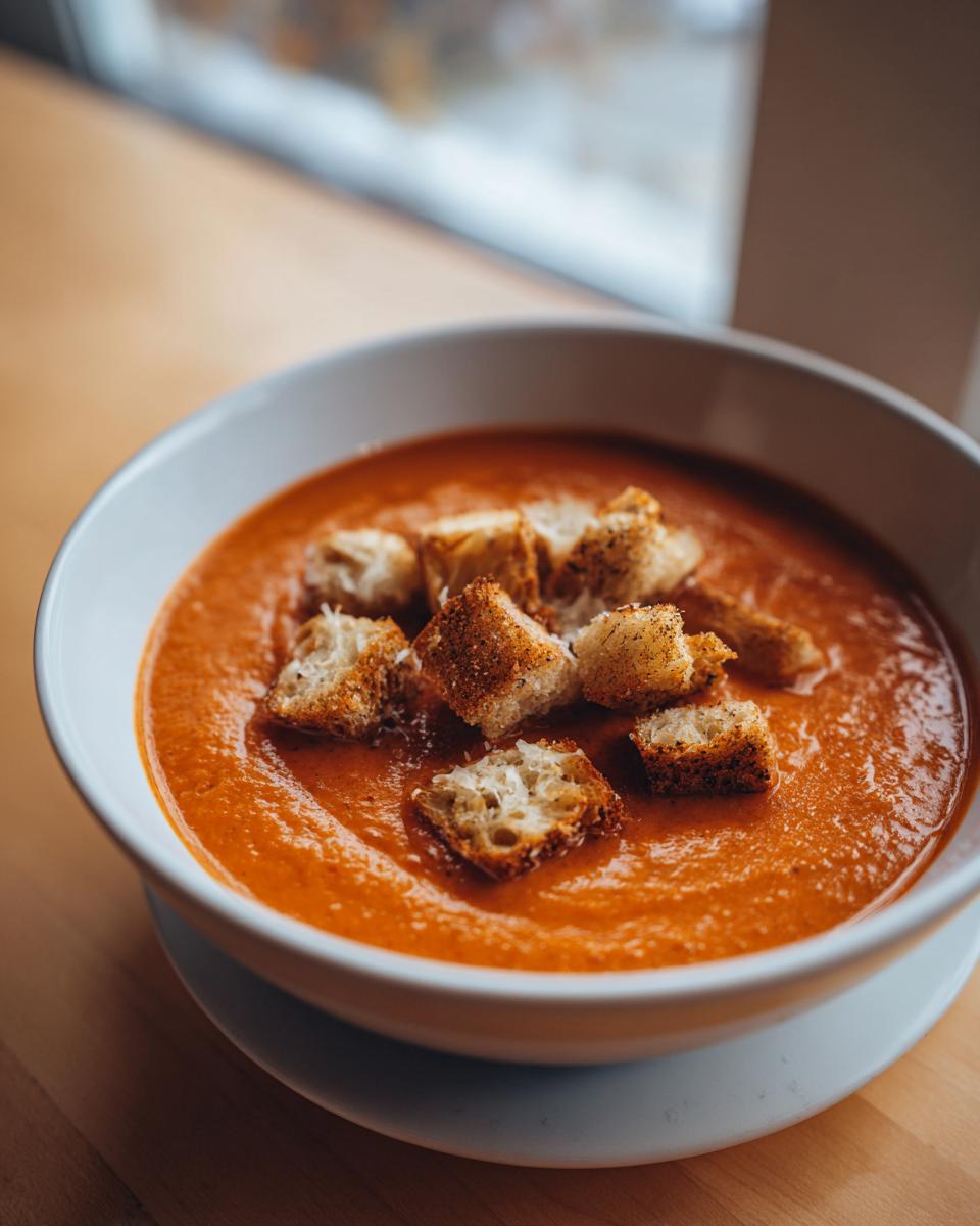 Close-up of a creamy bowl of roasted tomato soup topped with seasoned croutons.