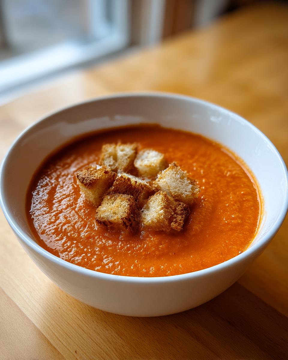 A close-up of a white bowl filled with vibrant orange roasted tomato soup, topped with golden croutons.