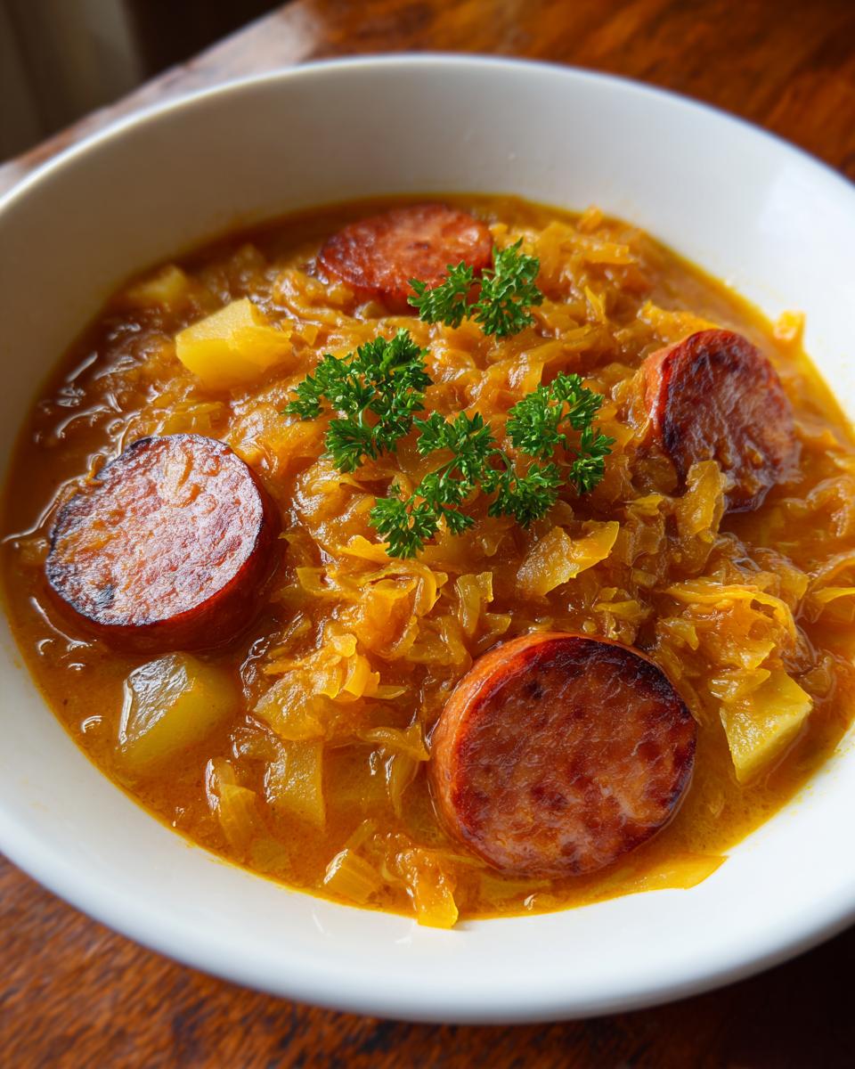 A close-up of a white bowl filled with rich, orange-hued sauerkraut soup, featuring slices of smoked sausage and potato chunks.