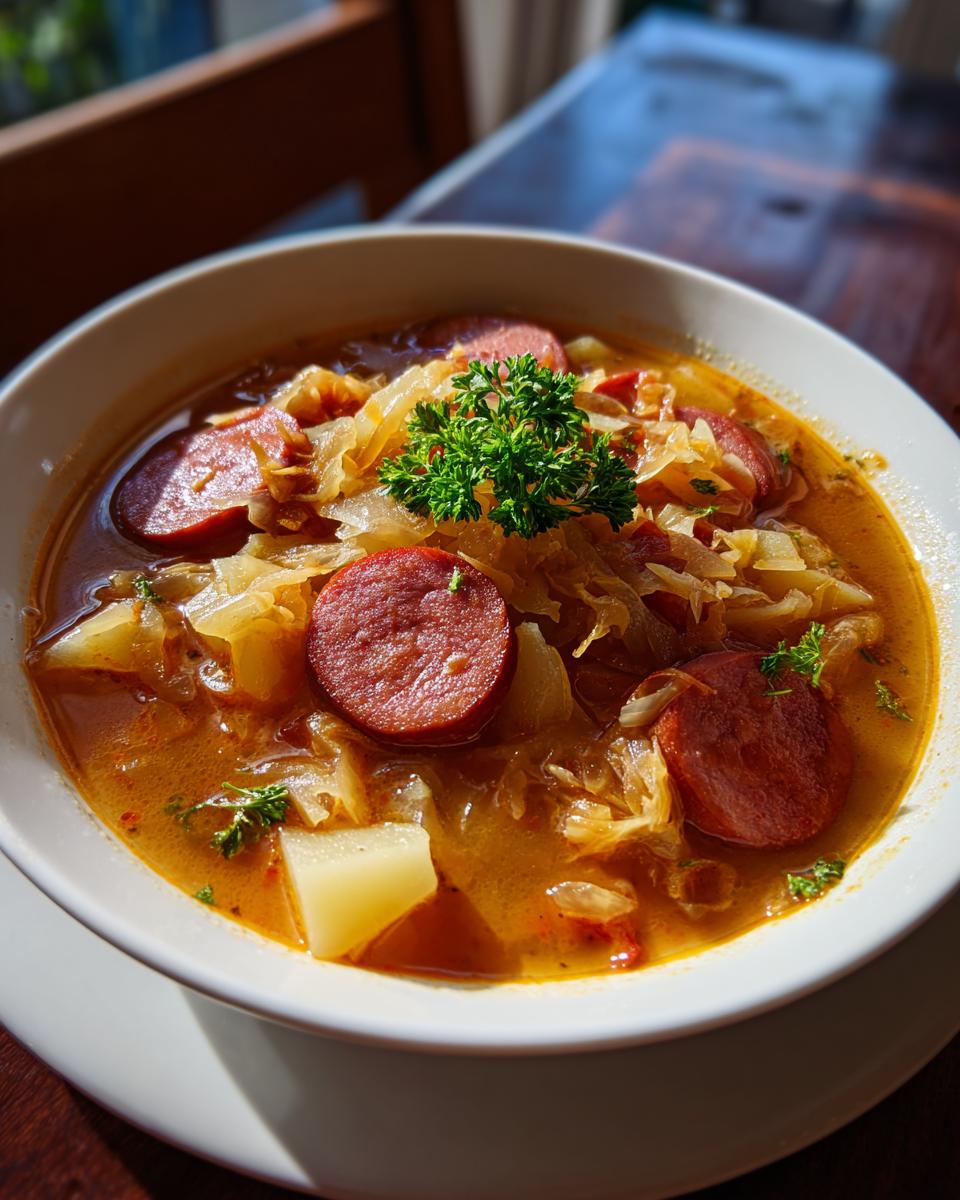 Close-up of a steaming bowl of sauerkraut soup featuring sliced sausage, potatoes, and garnished with fresh parsley.