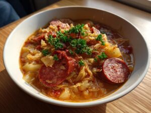 A close-up of a steaming bowl of rich sauerkraut soup featuring slices of smoked sausage and fresh parsley garnish.