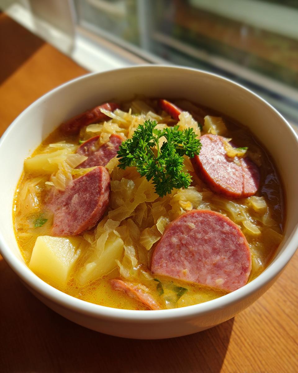 A close-up of a white bowl filled with rich sauerkraut soup, featuring chunks of potato, sliced smoked sausage, and parsley garnish.