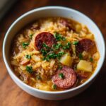Close-up of a white bowl filled with rich sauerkraut soup, featuring slices of smoked sausage and potatoes, garnished with parsley.