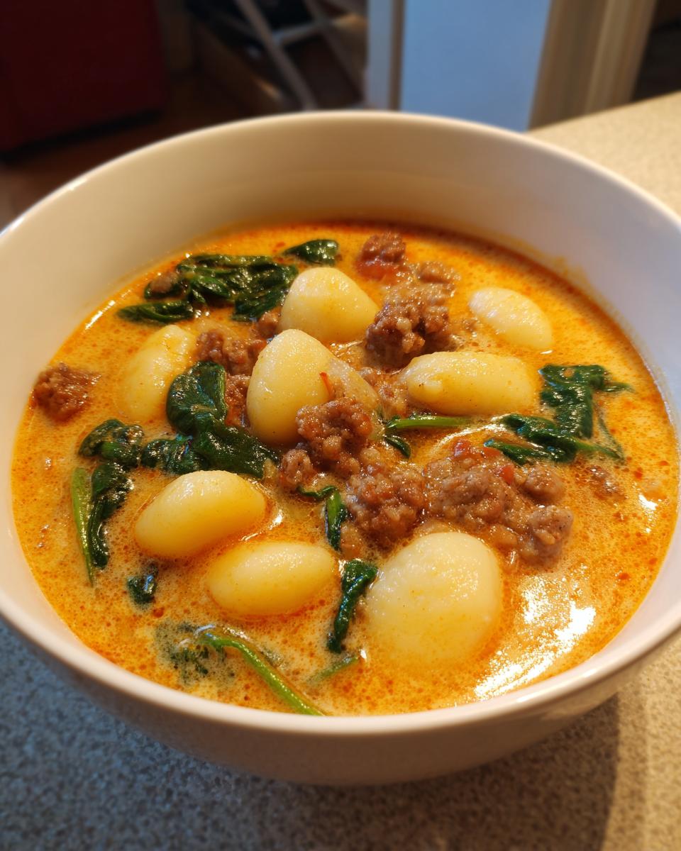 Close-up of a white bowl filled with creamy, orange-hued sausage gnocchi soup featuring plump gnocchi and wilted spinach.
