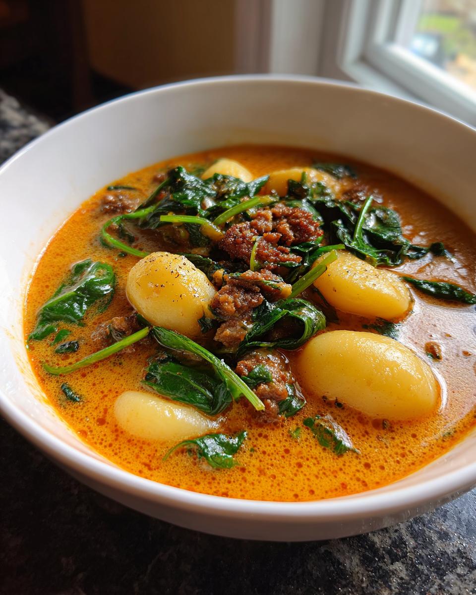 Close-up of a white bowl filled with rich, orange broth, tender gnocchi, crumbled sausage, and wilted spinach in sausage gnocchi soup.