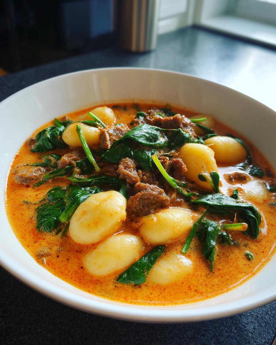 A close-up of a bowl of creamy, orange-hued sausage gnocchi soup featuring plump gnocchi and wilted spinach.
