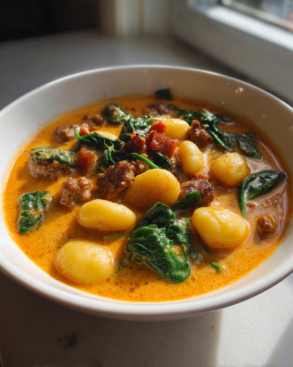 Close-up of a creamy, orange-hued sausage gnocchi soup featuring plump gnocchi, crumbled sausage, and wilted spinach.