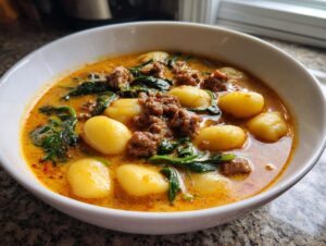 Close-up of a white bowl filled with rich, creamy sausage gnocchi soup featuring plump gnocchi and wilted spinach.