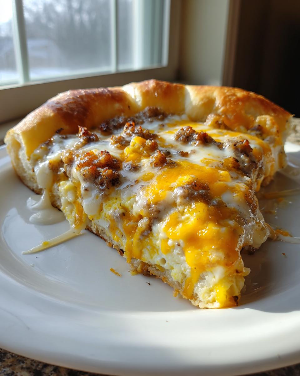 A thick slice of sausage gravy breakfast pizza topped with eggs, crumbled sausage, and melted cheddar cheese.