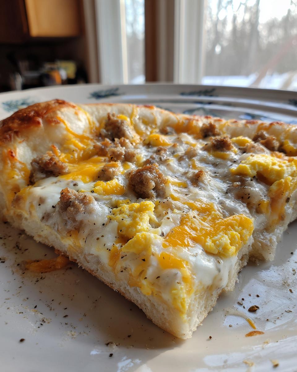 Close-up of a thick slice of sausage gravy breakfast pizza topped with scrambled eggs, sausage crumbles, and melted cheese.