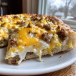 Close-up of a slice of sausage gravy breakfast pizza showing melted cheese, eggs, and sausage crumbles.