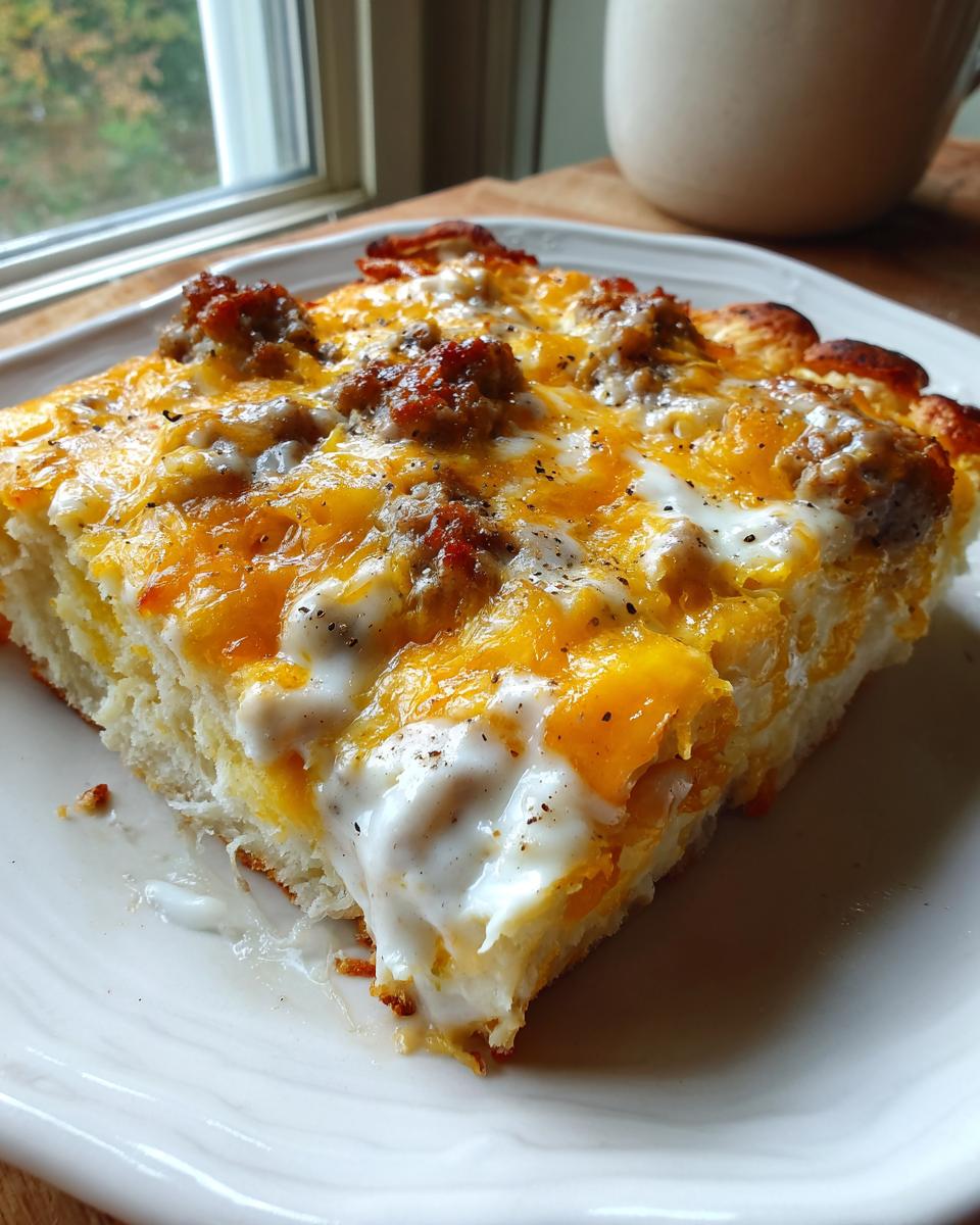 A square slice of sausage gravy breakfast pizza topped with melted cheddar cheese, sausage crumbles, and white gravy.