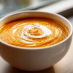 Close-up of a bowl of vibrant orange pumpkin soup topped with a swirl of cream and cracked black pepper.
