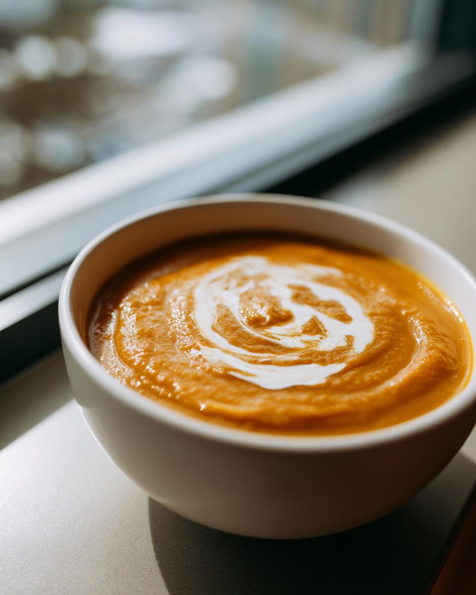 Close-up of a bowl of vibrant orange pumpkin soup, garnished with a swirl of cream.