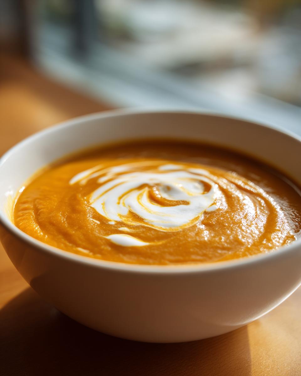 Close-up of a bowl of vibrant orange pumpkin soup topped with a swirl of white cream.