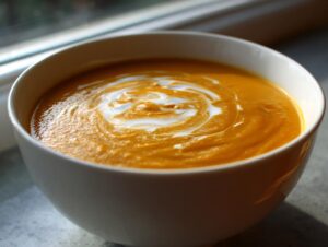 Close-up of vibrant orange pumpkin soup topped with a swirl of cream in a white bowl.