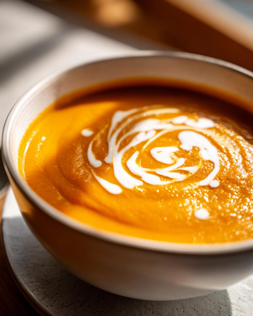 Close-up of a bowl of vibrant orange pumpkin soup topped with a decorative swirl of white cream.