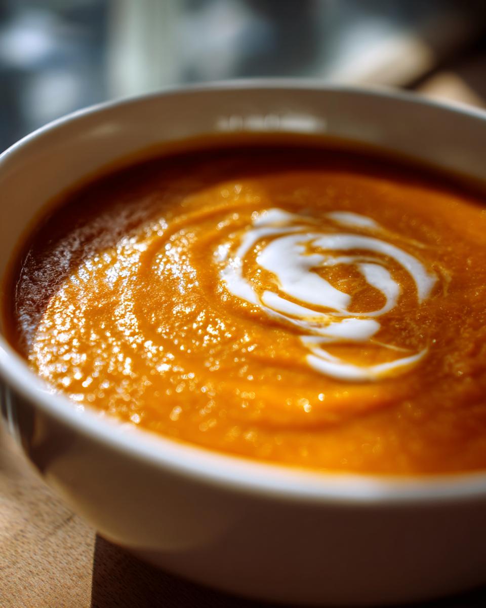 Close-up of vibrant orange pumpkin soup topped with a swirl of white cream.