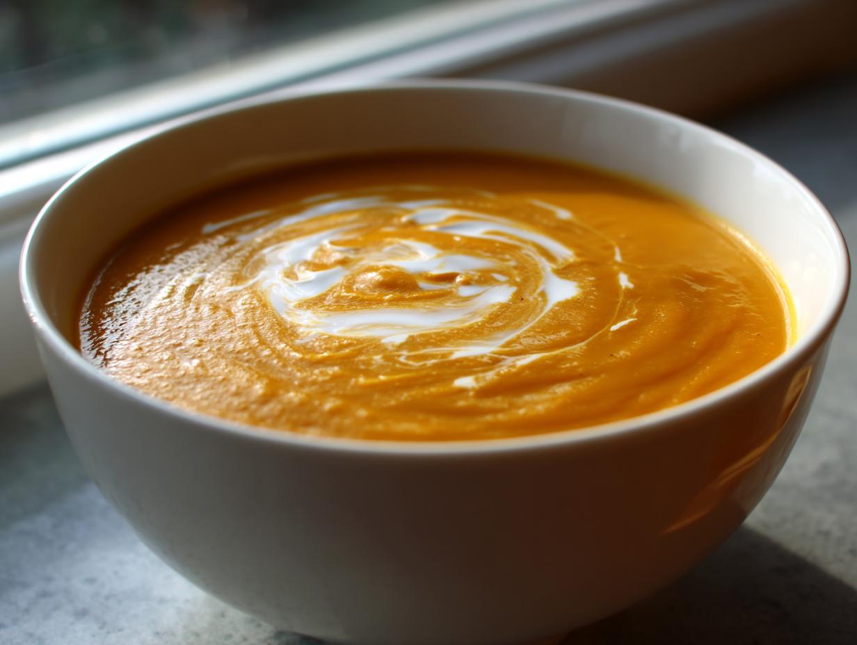 Close-up of vibrant orange pumpkin soup topped with a swirl of cream in a white bowl.