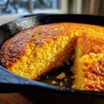 Close-up of golden, savory skillet cornbread baked in a cast iron pan with one slice cut out.