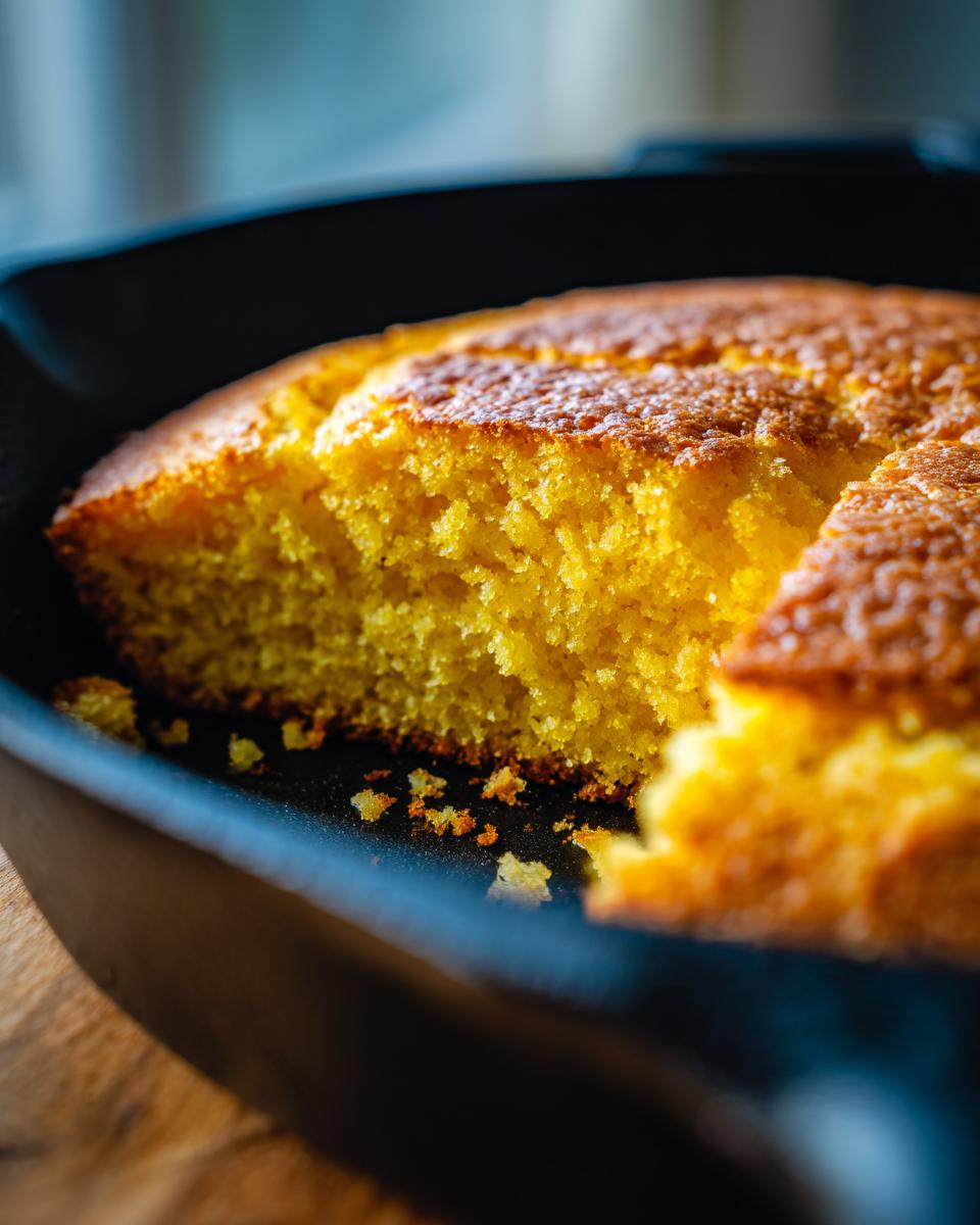 Close-up view of moist, yellow skillet cornbread baked in a cast iron pan, showing a piece cut out.