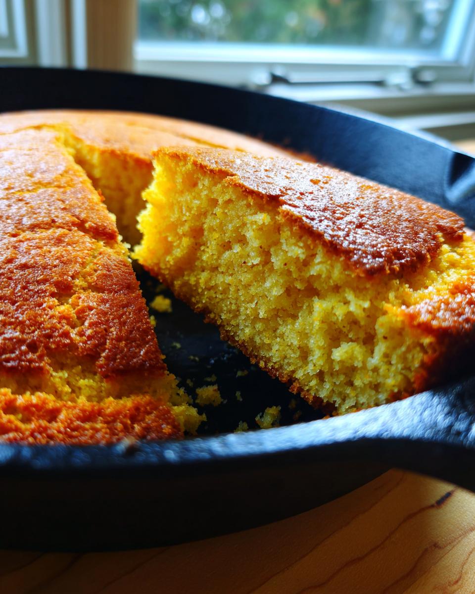 Close-up of a golden slice of savory skillet cornbread being lifted from the cast iron pan.