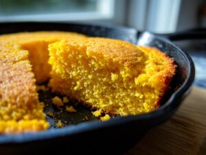 Close-up of a thick slice of moist, golden skillet cornbread with a perfect crust, resting in the black cast iron pan.