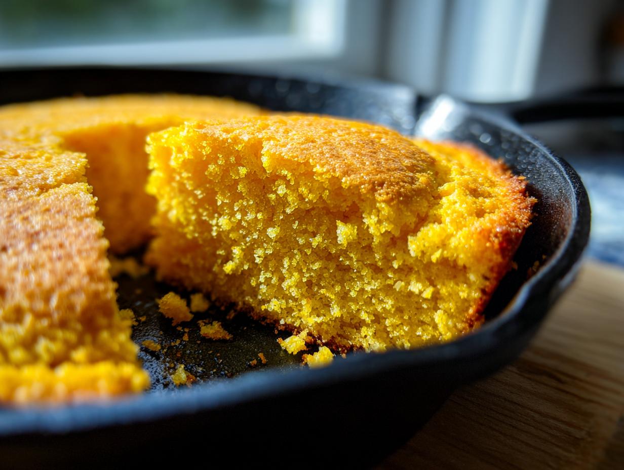 Close-up of a thick slice of moist, golden skillet cornbread with a perfect crust, resting in the black cast iron pan.
