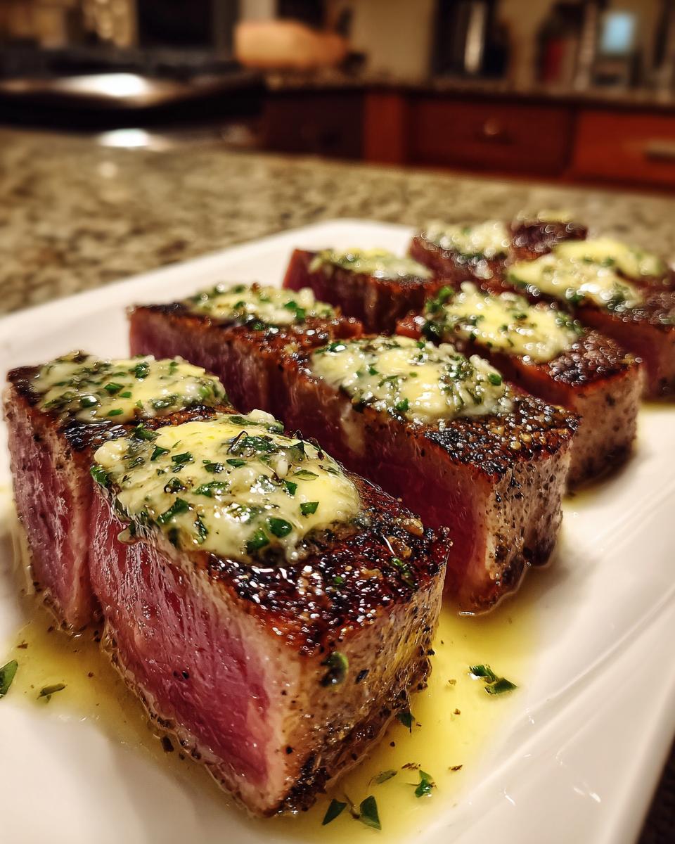 Close-up of several perfectly seared tuna steak slices, rare in the center, topped with melting herb butter.