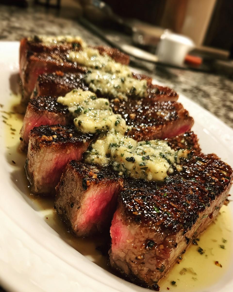 Slices of perfectly seared Tuna steak cooked medium-rare, topped with melting herb butter.