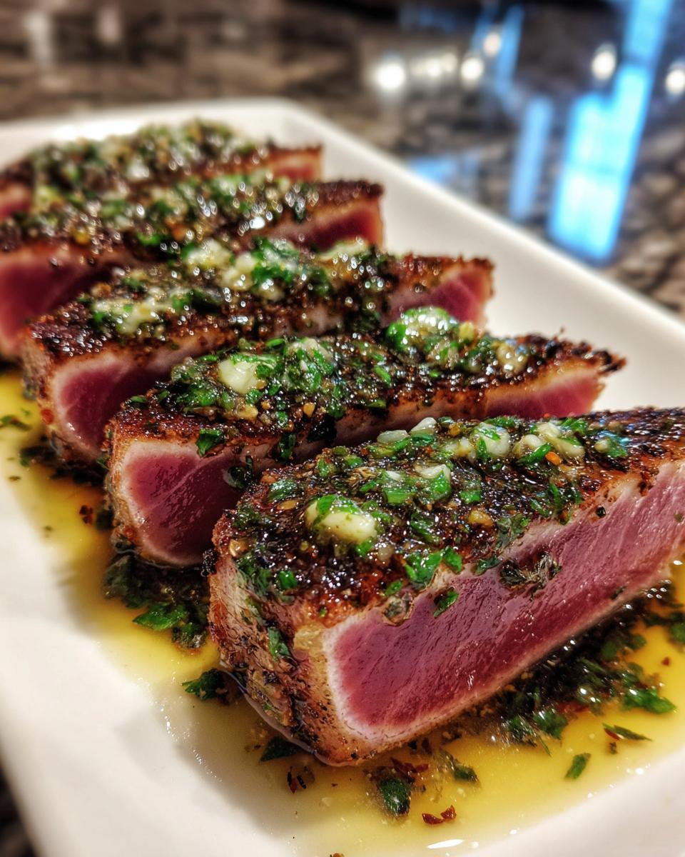 Close-up of perfectly seared tuna steak, sliced thick, showing a rare center and topped with a bright green herb and garlic sauce.
