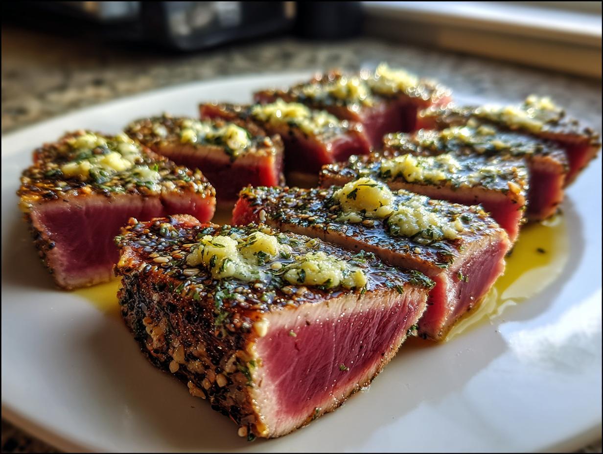 Slices of perfectly seared tuna steak, crusted with sesame seeds and topped with herb butter.