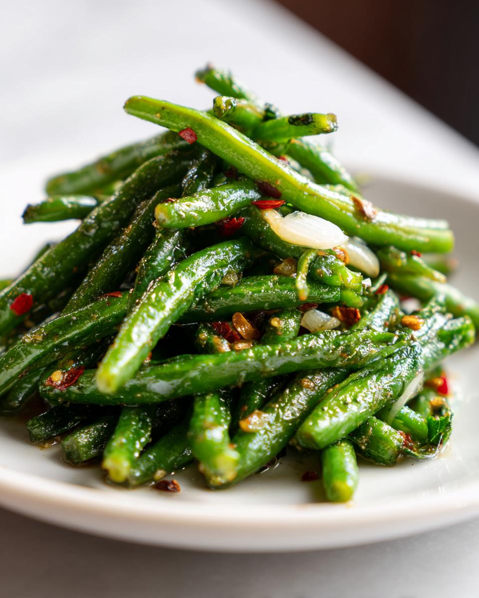 A close-up shot of a serving of seasoned, glossy dilly beans mixed with garlic and red pepper flakes.