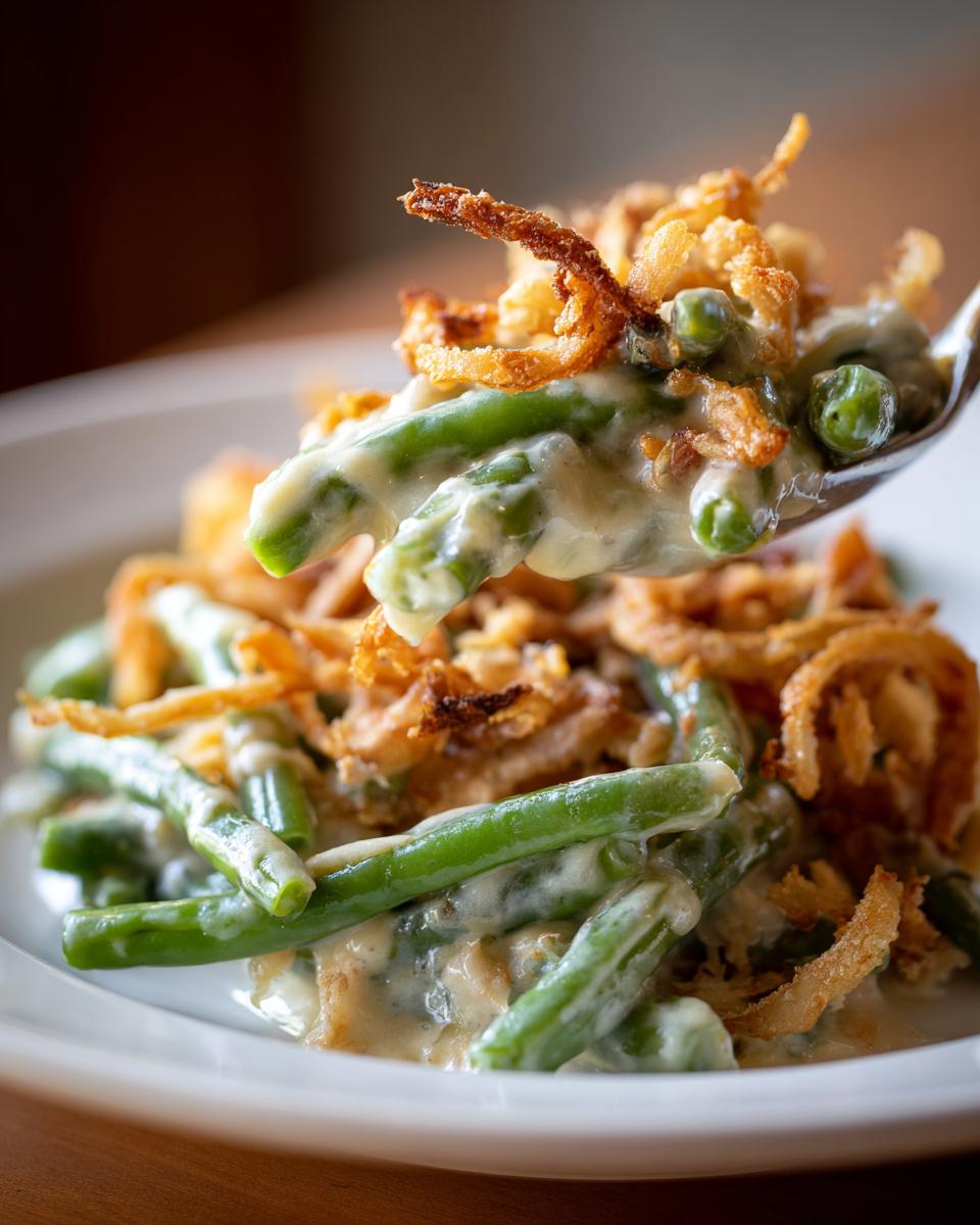 A spoonful of creamy green bean casserole, featuring green beans, peas, and crispy fried onions, lifted from a white plate.