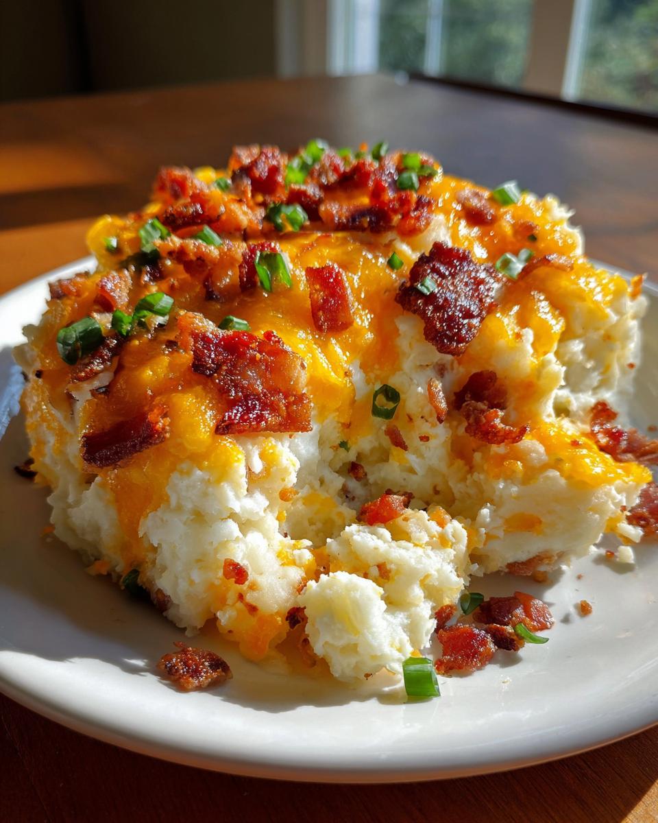 A scoop of creamy potato casserole topped with melted cheddar cheese, crispy bacon bits, and green onions.