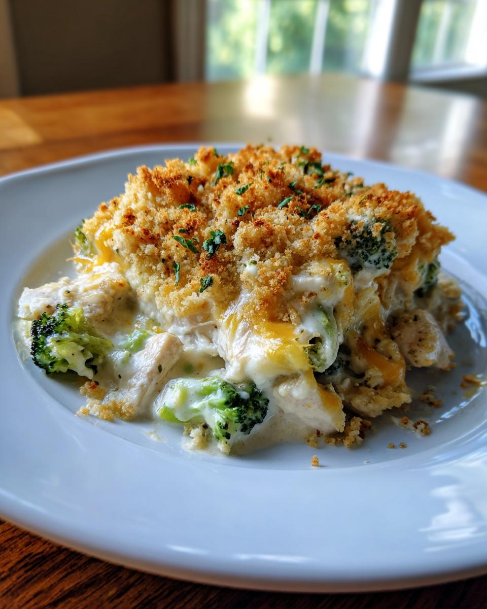 A generous serving of creamy Chicken Divan with tender chicken, bright green broccoli, and a golden, crunchy breadcrumb topping.