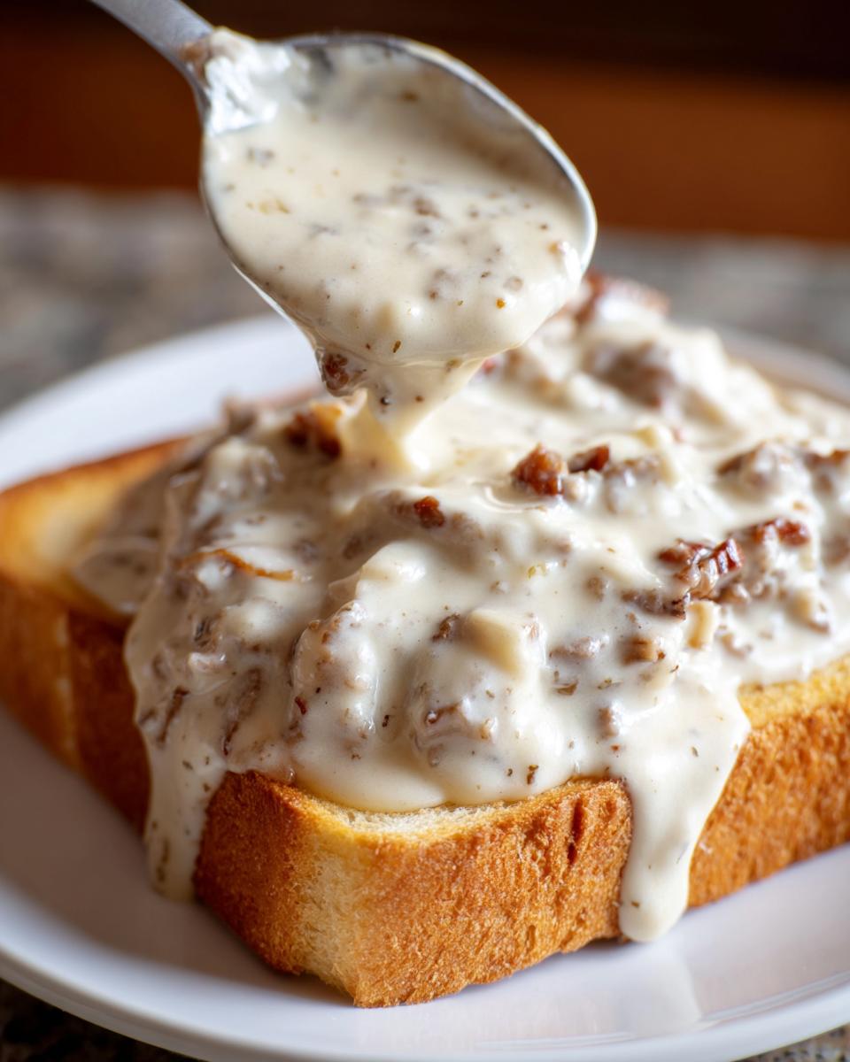 A spoonful of creamy sauce with bits of chipped beef on toast being poured onto the slice.