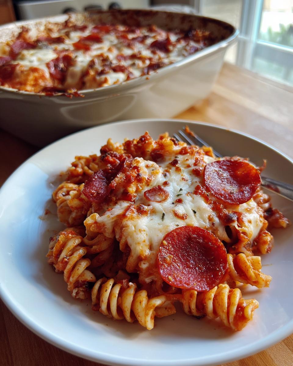 A serving of baked pizza pasta with melted cheese and pepperoni slices on a white plate.
