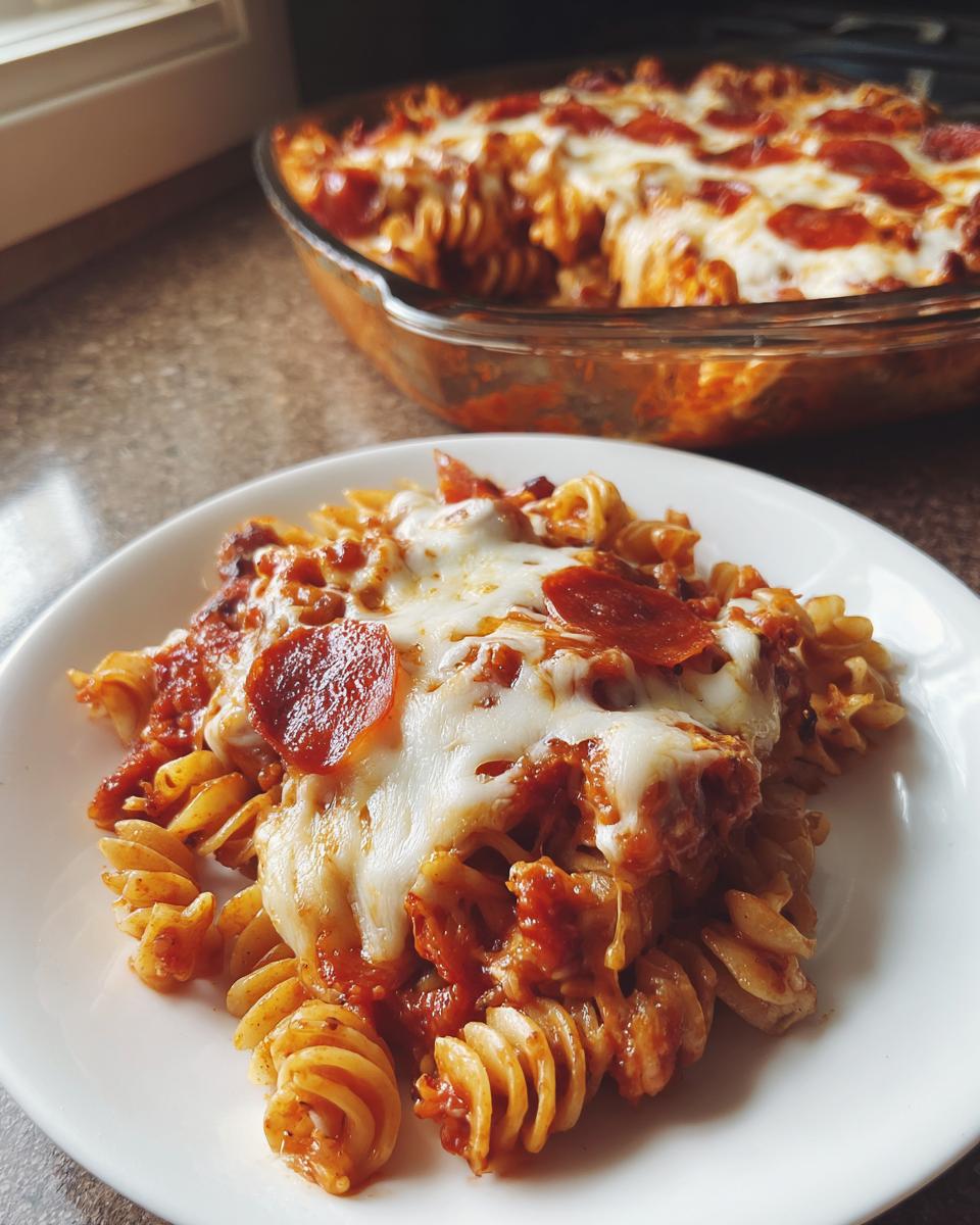 A close-up serving of baked pizza pasta featuring rotini noodles, tomato sauce, melted mozzarella, and pepperoni slices.