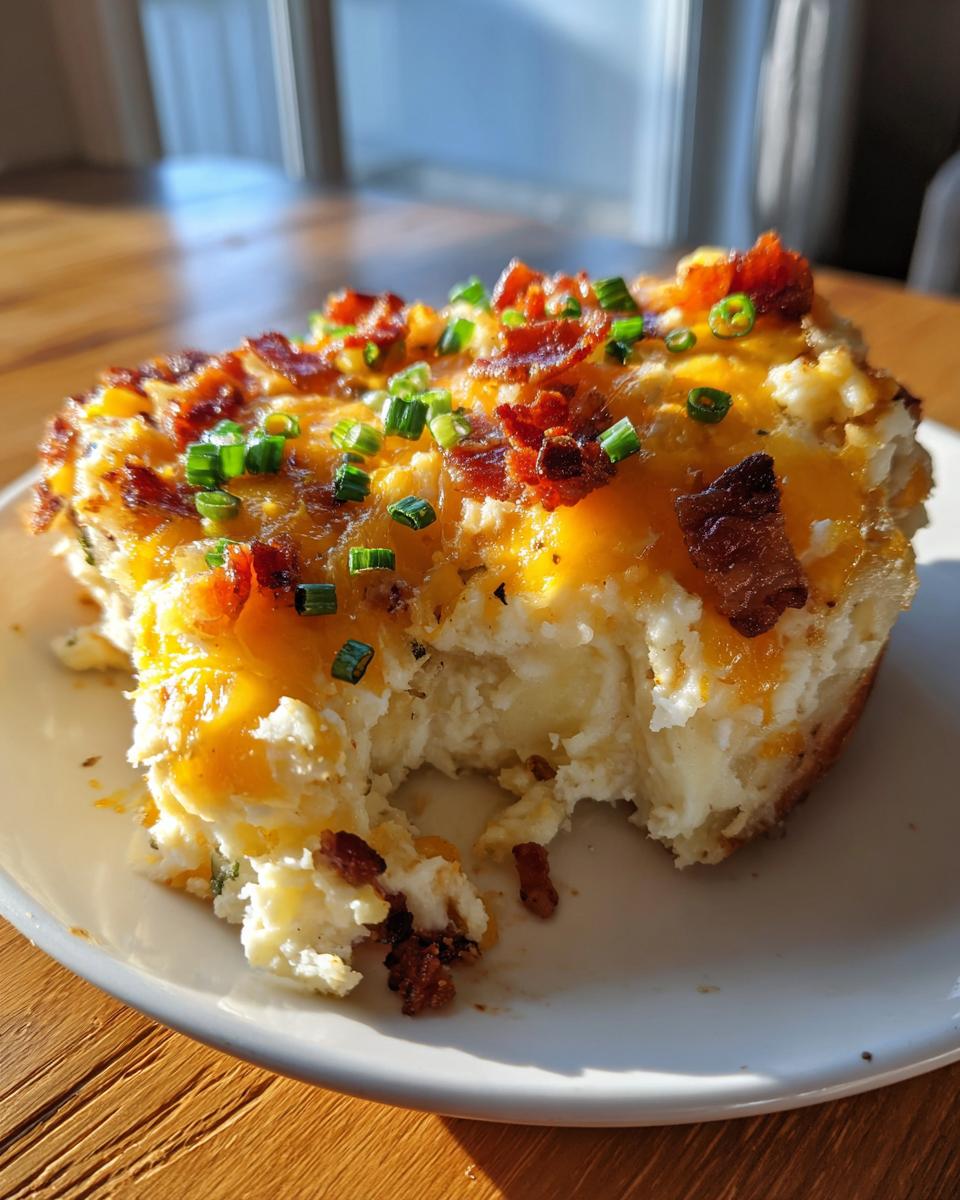 A close-up of a serving of creamy potato casserole topped with melted cheddar, bacon bits, and chives, with a bite taken out.