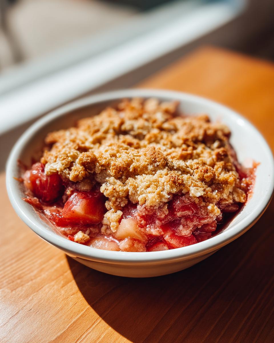 Close-up of a single serving of warm rhubarb crisp with a golden, crumbly topping in a white bowl.