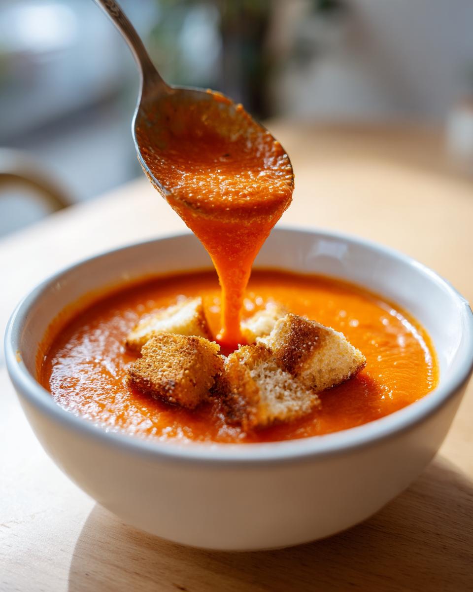 A spoonful of thick, vibrant roasted tomato soup being poured over croutons in a white bowl.
