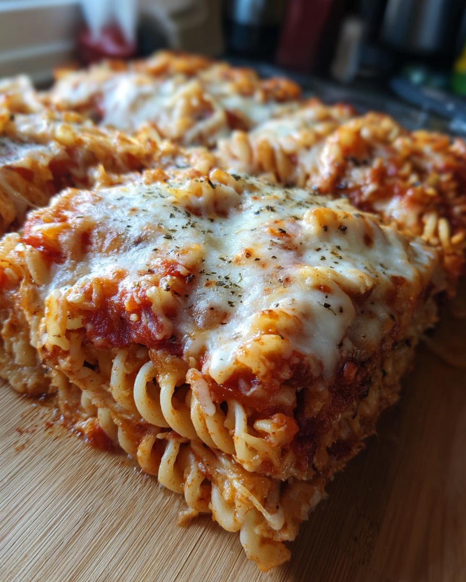 A close-up view of a thick slice of pizza casserole made with rotini pasta, topped with melted mozzarella and herbs.