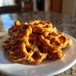 A close-up of a pile of shiny, glazed toffee pretzels covered in salt crystals, resting on a white plate.