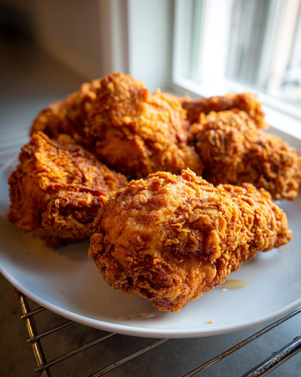 Close-up of several pieces of golden brown, crispy fried chicken resting on a white plate near a window.