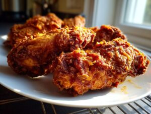 Close-up of several pieces of golden brown, deeply textured fried chicken resting on a white plate, backlit by sunlight.